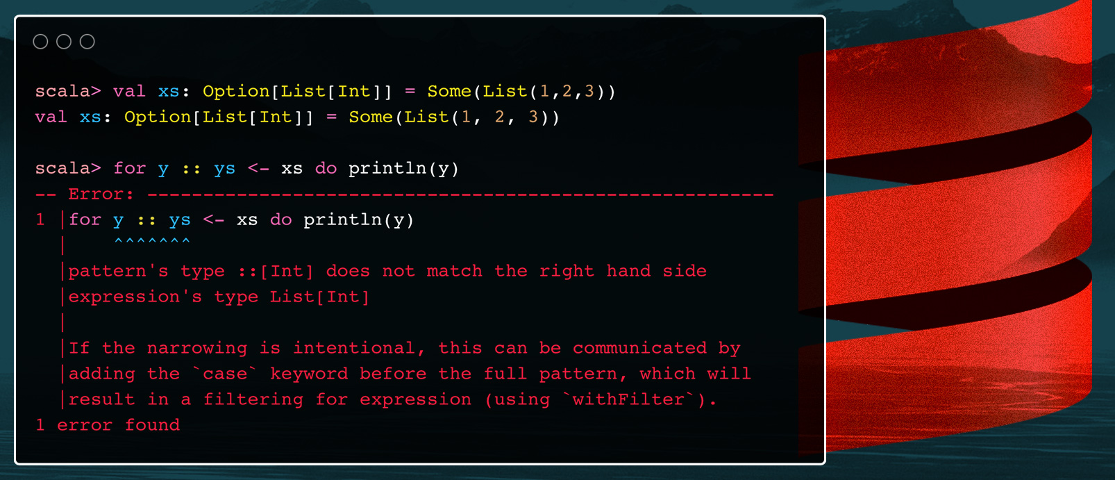 example error message for a non-exhaustive pattern in a for-comprehension